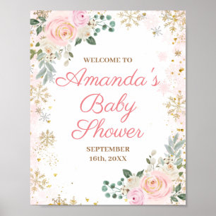Rosa blommande snöflingor Vinter Bebis Shower Välk Poster
