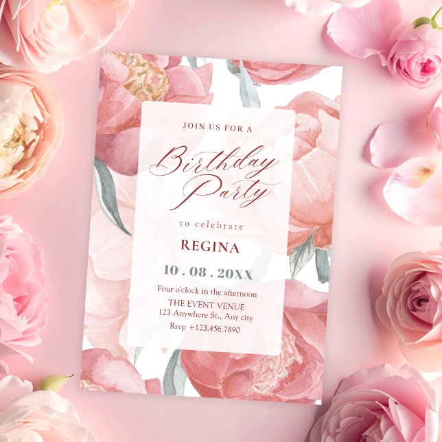 Rosa blommande vattenfärg födelsedag inbjudningar (Skapare uppladdad)