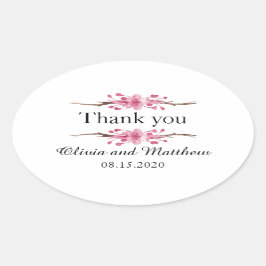 Rosa blommar av körsbär. Blommigt bröllop Tack Ovalt Klistermärke