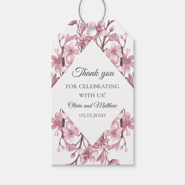 Rosa blommar av körsbär. Blommigt bröllop Tack Presentetikett (Framsidan)