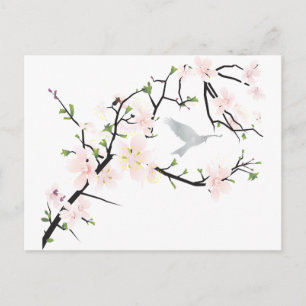 Rosa Blommar Bird Vykort