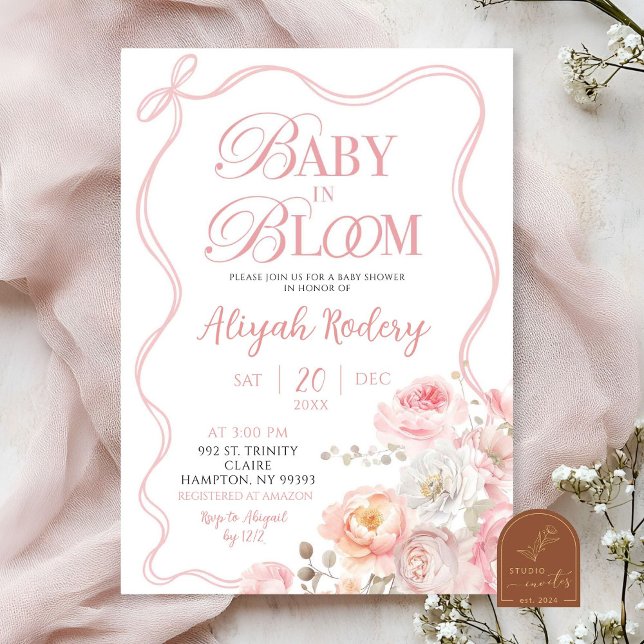 Rosa Blommar Blommigt Baby i Bloom Baby Shower Inbjudningar (Skapare uppladdad)