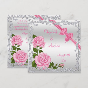 Rosa Blommar, Bows & Diamonds Bröllop Inbjudningar