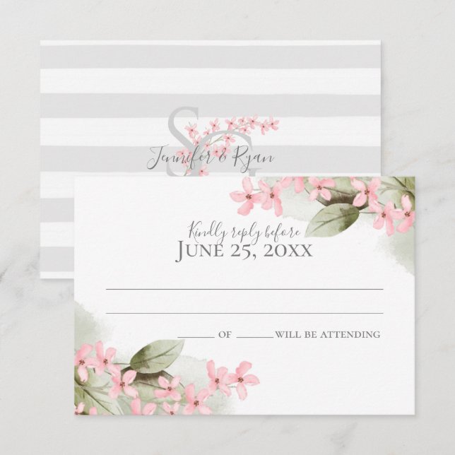Rosa Blommar Bröllop svar Inbjudningar (Fram/baksida)