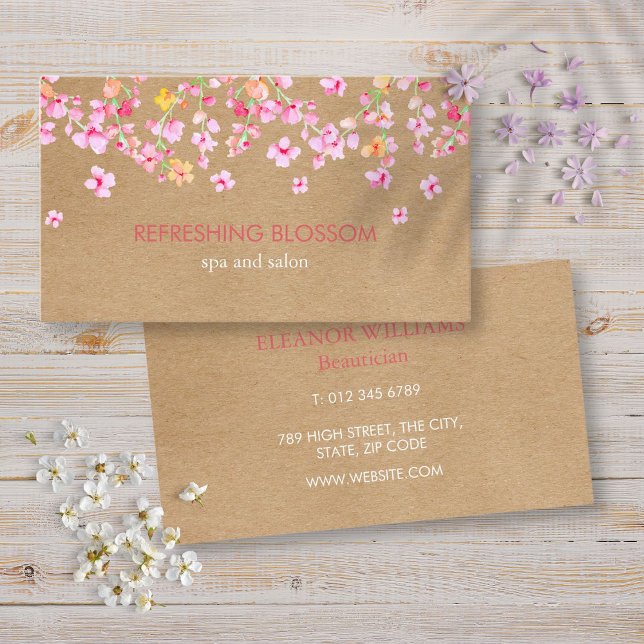 Rosa Blommar Elegant Modern Rustic Kraft Visitkort (Pink Blossom Elegant Modern Rustic Kraft Business Card)