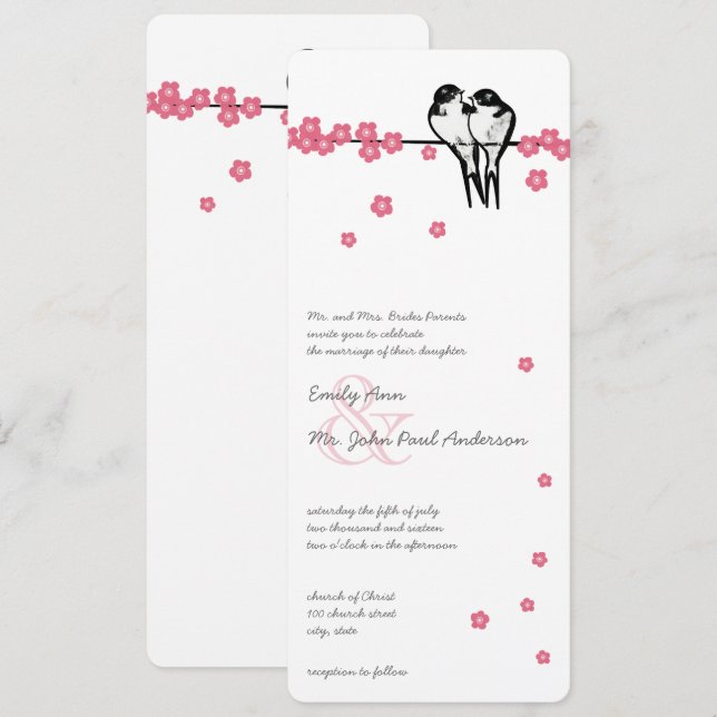 Rosa Blommar Enchanted Forest Chickadee Bröllop Inbjudningar (Fram/baksida)