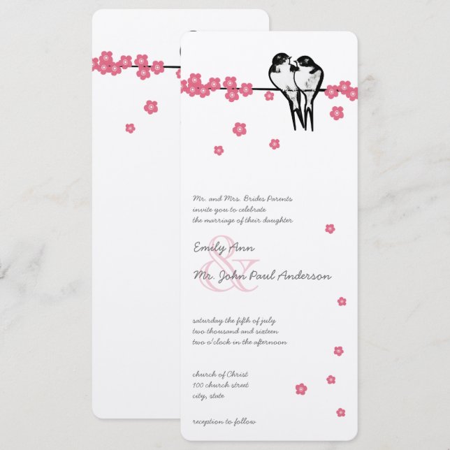 Rosa Blommar Enchanted Forest Chickadee Bröllop Inbjudningar (Fram/baksida)