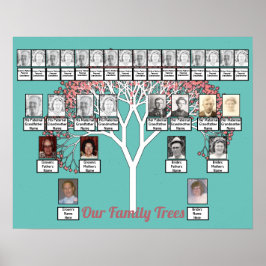 Rosa Blommar Fractal Träd Teal 2 Family Träd Poster