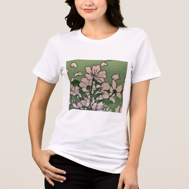 Rosa Blommar Grönt T Shirt (Framsida)