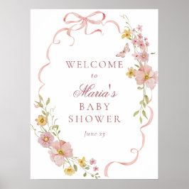 Rosa Blommar och välkomstskylt för babybabyskor Poster