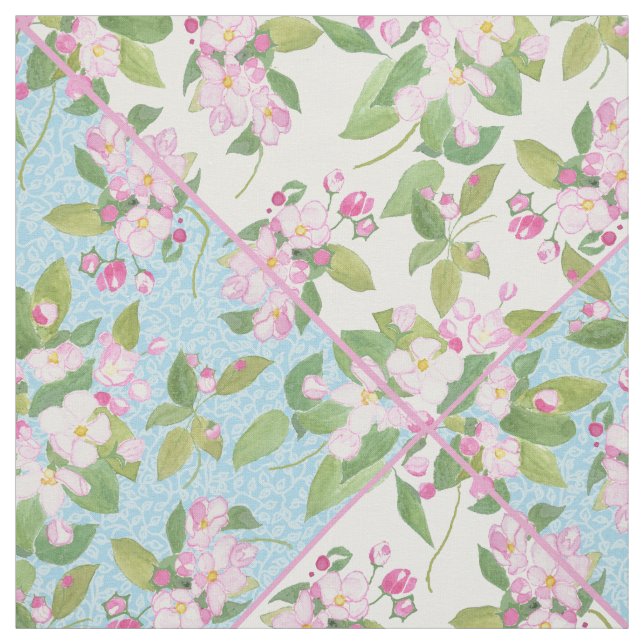 Rosa Blommar om Blue and White Faux Patchwork Tyg (Provkarta)