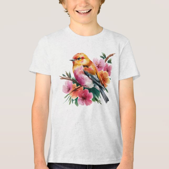 Rosa Blommfågel T Shirt (Framsida)