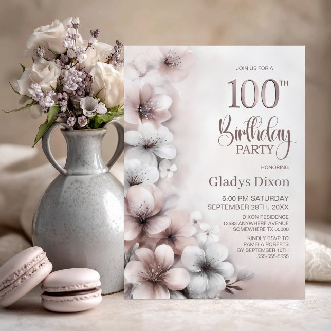 Rosa Blommig 100-års Födelsedagsfest Inbjudningar (Skapare uppladdad)