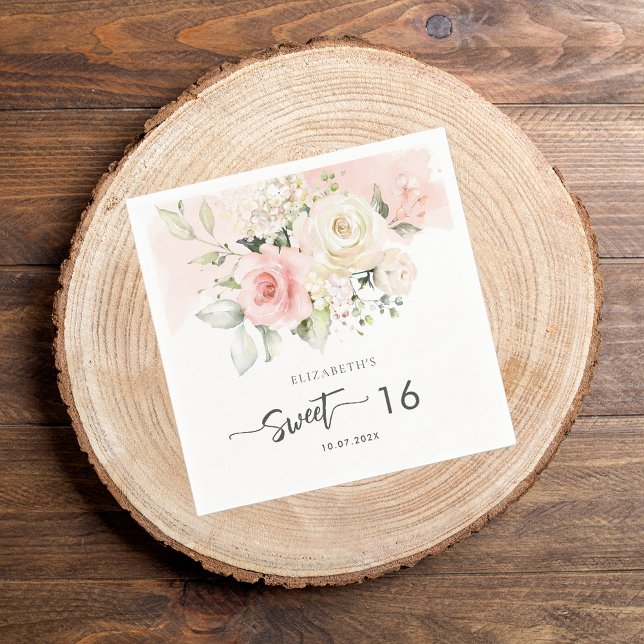Rosa blommig 16-årsdag pappersdekoration pappersservett (Pink Floral Sweet Sixteen Birthday Paper Napkin)