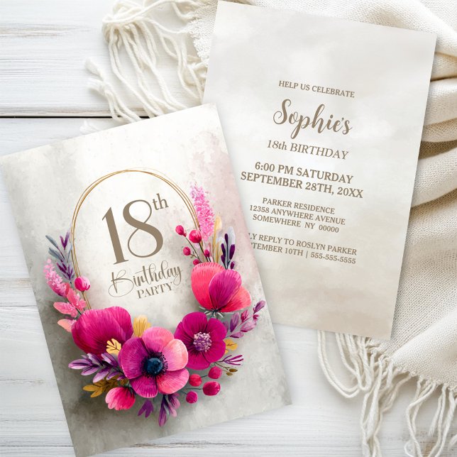 Rosa Blommig 18-års Födelsedagsfest Inbjudningar (Skapare uppladdad)