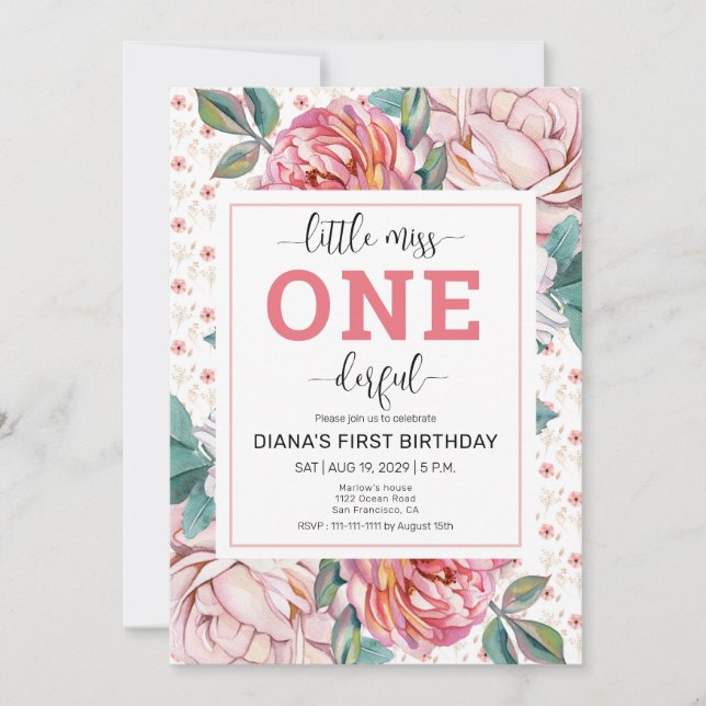 Rosa blommig 1-års födelsedagsinbjudan inbjudningar (Framsida)