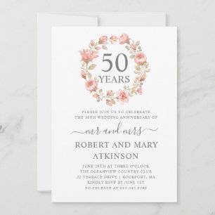 Rosa Blommig 50-års Bröllopsdag Inbjudningar