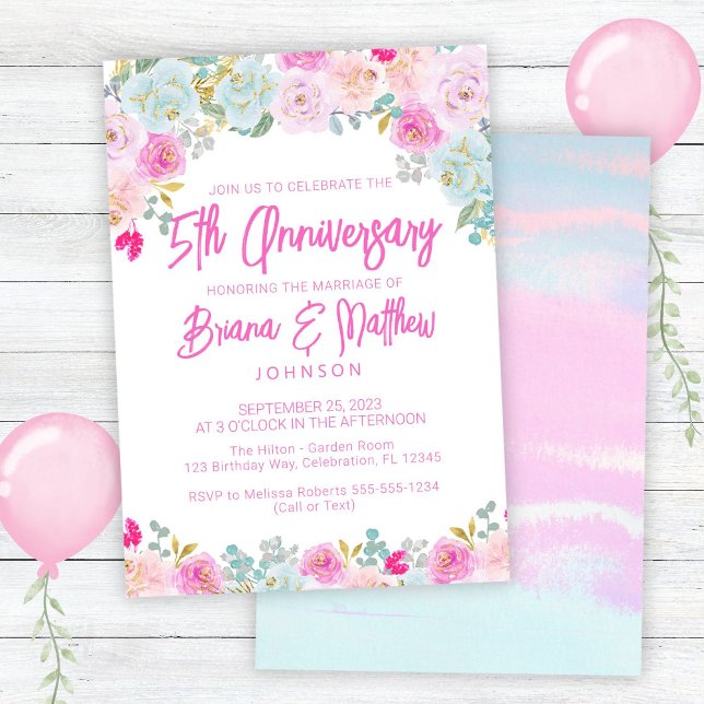 Rosa Blommig 5-års bröllopsdag  Inbjudningar (Skapare uppladdad)