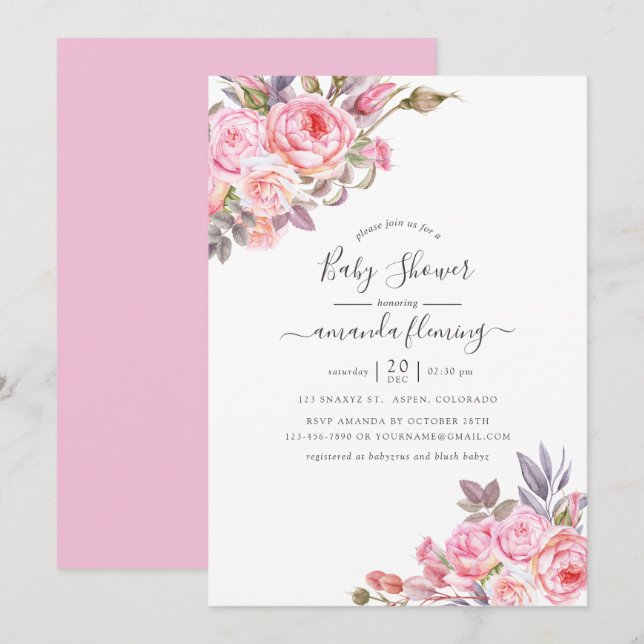 Rosa Blommig Akvarell Baby Shower Inbjudningar (Fram/baksida)
