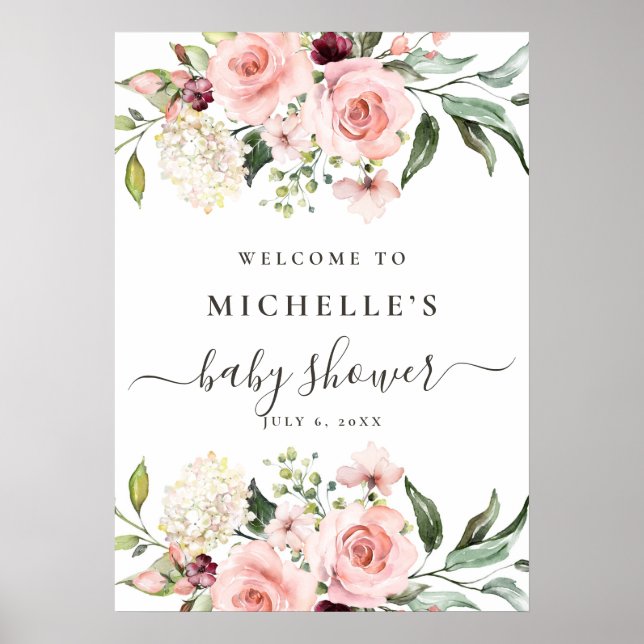 Rosa Blommig Akvarell Baby Shower Välkomstskylt Poster (Framsidan)