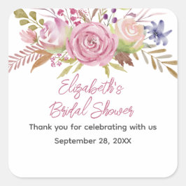 Rosa Blommig Akvarell Botanisk Bröllopsfest  Fyrkantigt Klistermärke