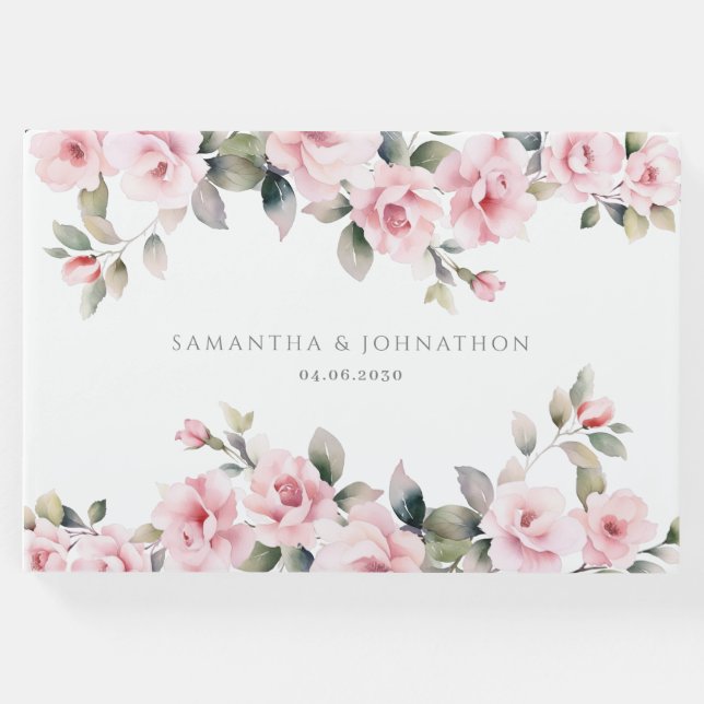 Rosa Blommig Akvarell Bröllop Gästböcker (Framsida)