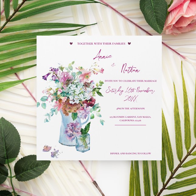 Rosa Blommig Akvarell Bröllop Magnet Inbjudan (Pink Floral Watercolor Wedding Magnet Invitation)