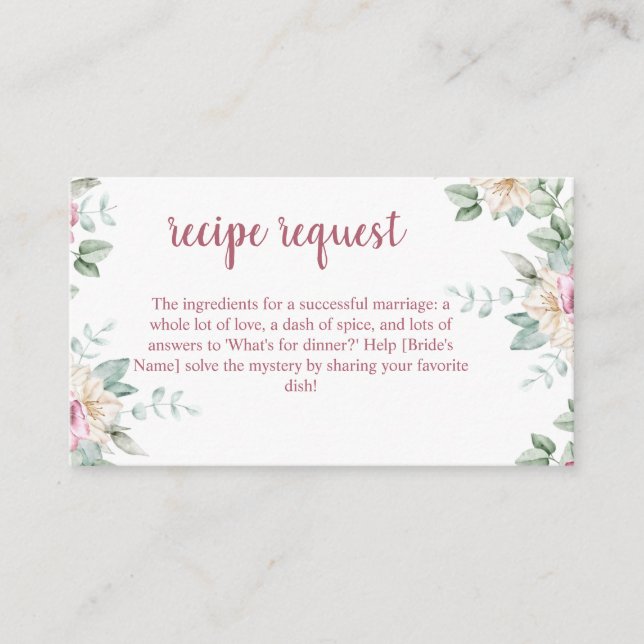 Rosa Blommig Akvarell Bröllopsfest Recept Tilläggskort (Framsida)