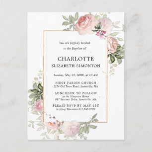 Rosa Blommig Akvarell Dopceremoni Vykort