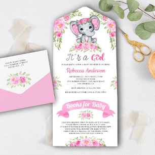 Rosa Blommig Akvarell Elefant Bebis Shower