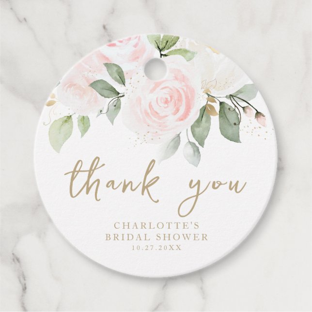 Rosa Blommig Akvarell Guld Bröllopsdusch Gåvor Etiketter (Framsida)