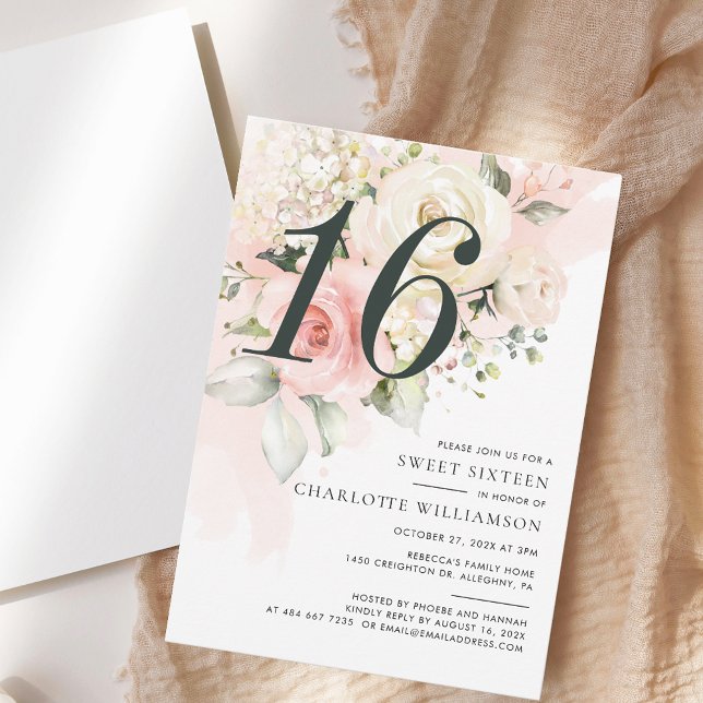 Rosa Blommig Akvarell Modern Sweet 16 Inbjudningar (Pink Floral Sweet Sixteen Script Elegant Watercolor 16th Birthday Party Invitation)