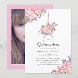 Rosa Blommig Akvarell Paris Quinceañera Foto Inbjudningar