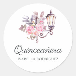 Rosa blommig akvarell vintage Paris Quinceañera Runt Klistermärke