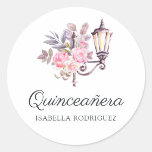 Rosa blommig akvarell vintage Paris Quinceañera Runt Klistermärke