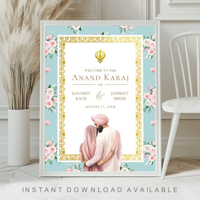 Rosa Blommig Anand Karaj Bröllops Välkomstskylt Poster (Skapare uppladdad)