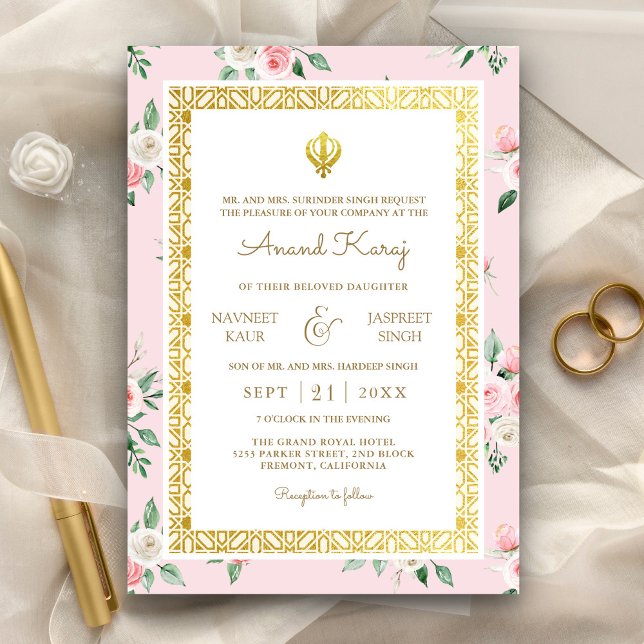 Rosa blommig Anand Karaj Punjabi Sikh bröllopsklän Inbjudningar (Skapare uppladdad)