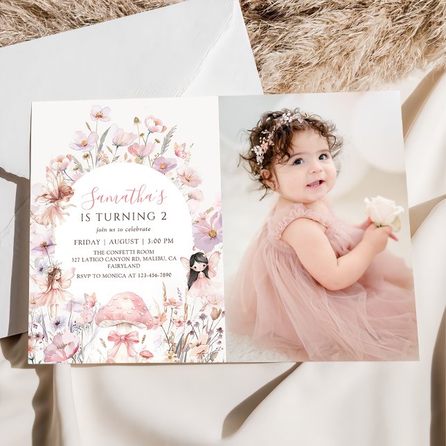 Rosa blommig ängslig födelsedagsfoto-inbjudan inbjudningar (Skapare uppladdad)
