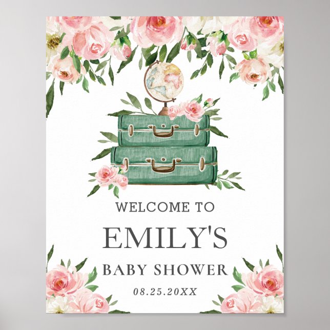 Rosa Blommig Äventyrsresa Bebisens Välkomstfest Poster (Framsidan)