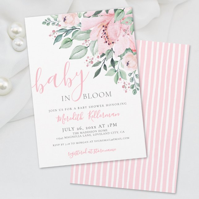 Rosa blommig Baby i blommande flicka dusch Inbjudningar (Blush Pink Floral Baby in Bloom Girl Shower Invitation)