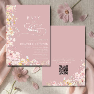 Rosa Blommig Baby I Knopp QR-kod Baby Shower Inbjudningar