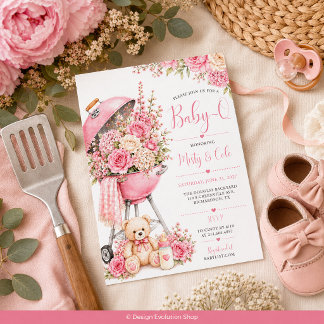Rosa Blommig Baby-Q Bebis Bjudan BBQ-inbjudan Inbjudningar