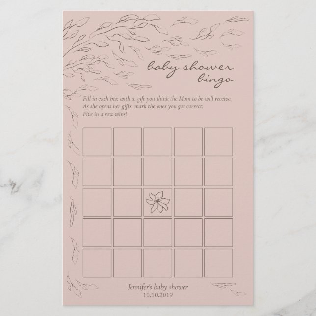 Rosa blommig baby shower Bingo spel (Framsida)