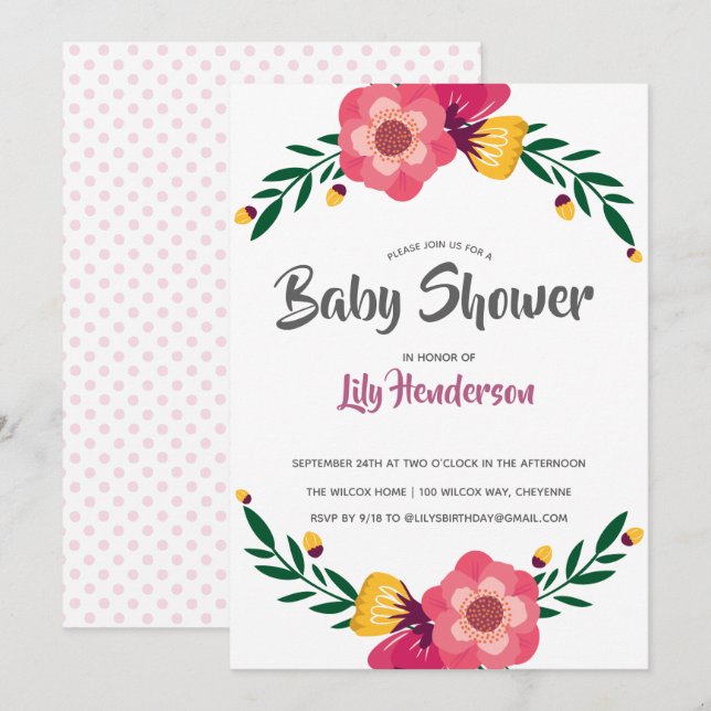 Rosa Blommig Baby Shower-fest med prickar Inbjudningar (Fram/baksida)