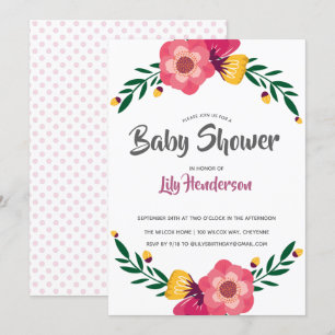 Rosa Blommig Baby Shower-fest med prickar Inbjudningar