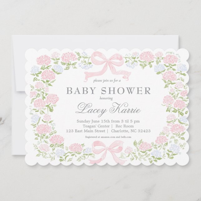 Rosa blommig baby shower inbjudan, inbjudan (Framsida)