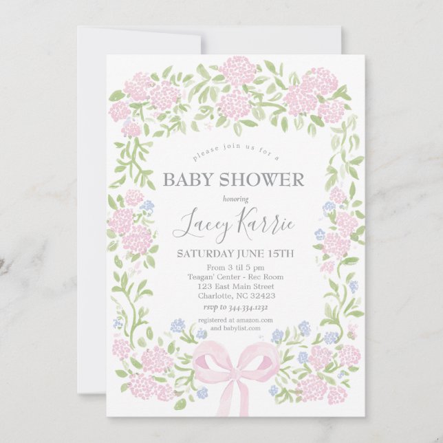 Rosa blommig baby shower-inbjudan,  inbjudningar (Framsida)