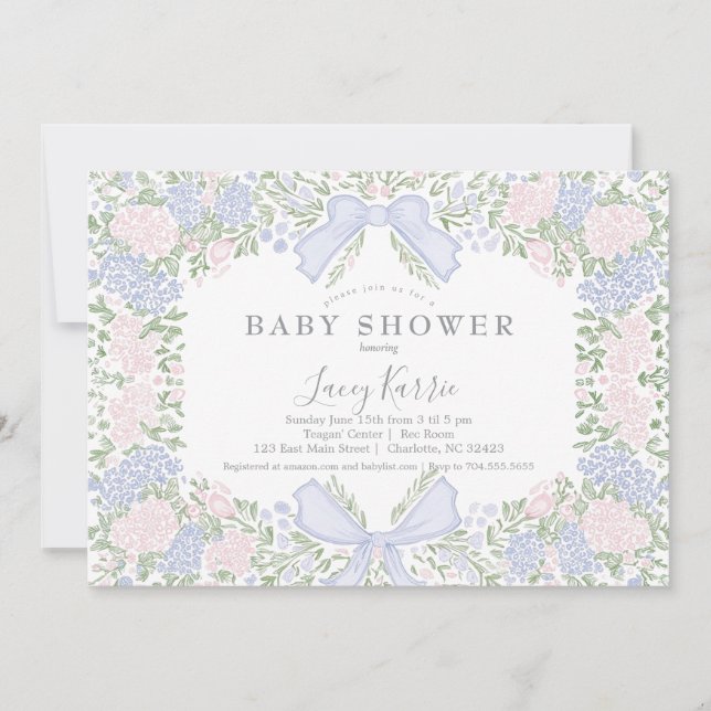 Rosa blommig baby shower inbjudan,  inbjudningar (Framsida)