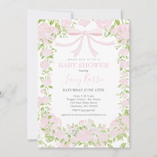 Rosa blommig baby shower-inbjudan,  inbjudningar (Framsida)