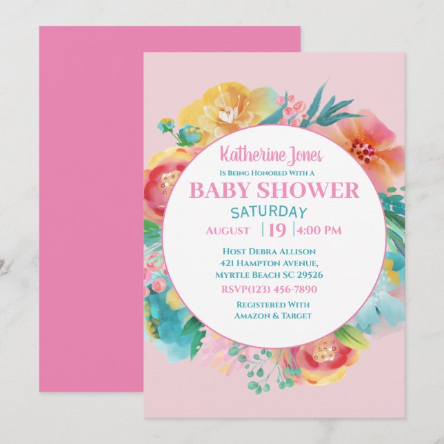   Rosa blommig baby shower-inbjudan Inbjudningar (Fram/baksida)